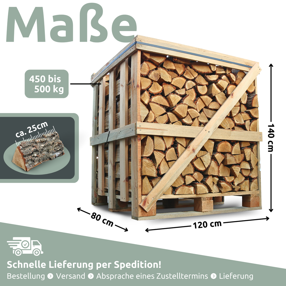 Maatgrafiek brandhoutpallet eiken: 120 x 80 x 140 cm, 450-500 kg, bloklengte ca. 25 cm
