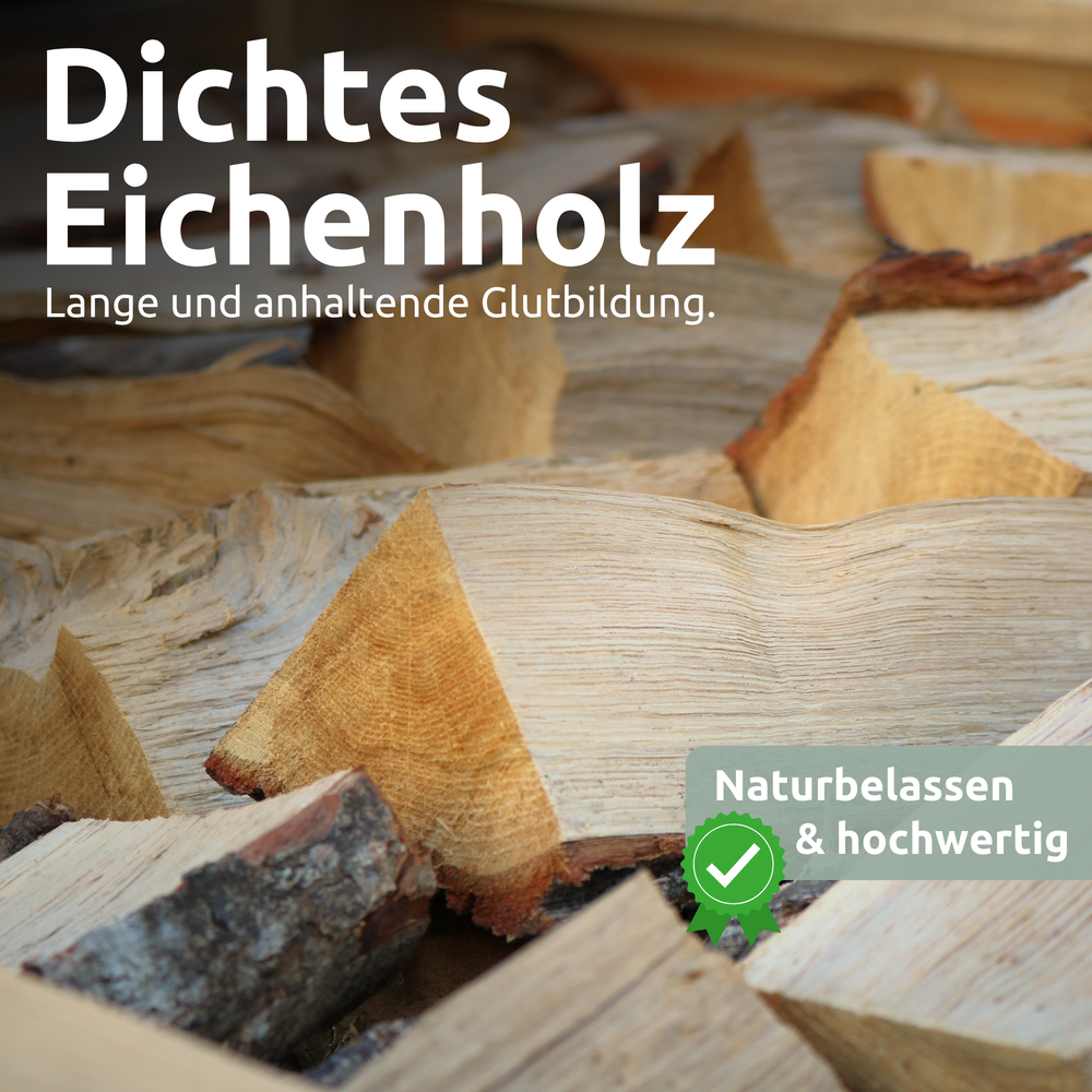 Close-up van gekloofde eikenblokken met vermelding van dicht hout en lange gloedvorming