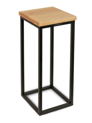 Bloemenstandaard van eiken met vierkante legplaat op zwart metalen onderstel, schuin aanzicht