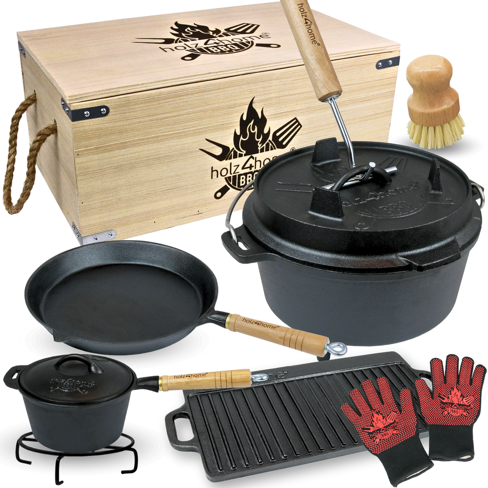 Dutch Oven-set 9-delig van gietijzer met houten kist, pan, grillplaat en handschoenen