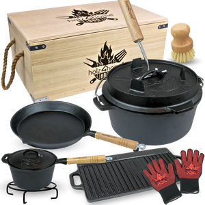 Dutch Oven-set 9-delig van gietijzer met houten kist, pan, grillplaat en handschoenen