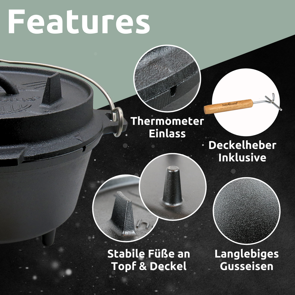 Kenmerkenoverzicht Dutch Oven: thermometeropening, deksellichter en stevige standvoeten