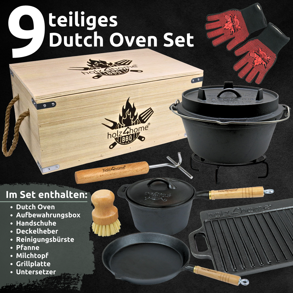 Overzicht Dutch Oven-set 9-delig met accessoires en overzicht van alle bijgeleverde onderdelen