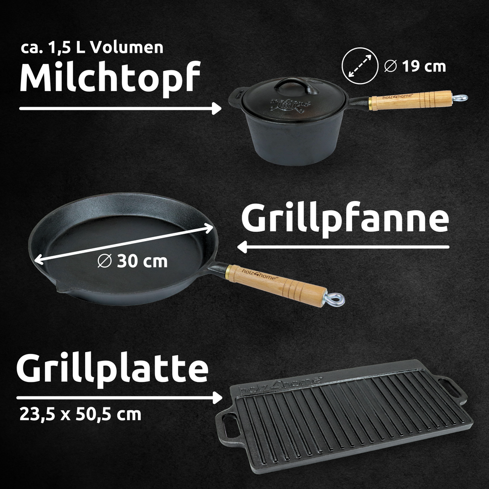 Accessoires met afmetingen: melkpan 19 cm, grillpan 30 cm en grillplaat 23,5 x 50,5 cm