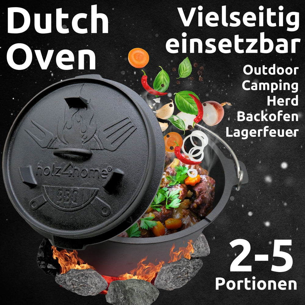 Gietijzeren Dutch Oven met stoofgerecht boven kampvuur, veelzijdig inzetbaar