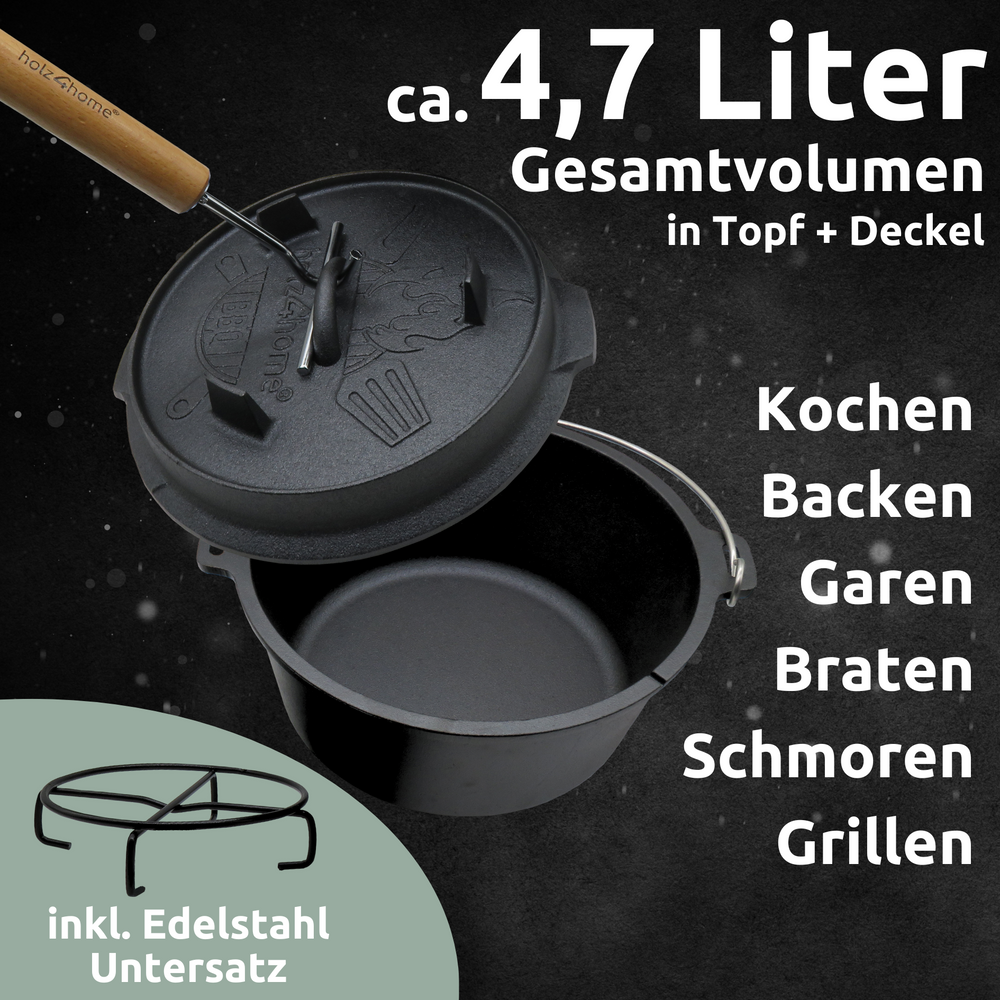 Dutch Oven-pot met deksel open, ca. 4,7 liter inhoud, incl. roestvrijstalen onderzetter