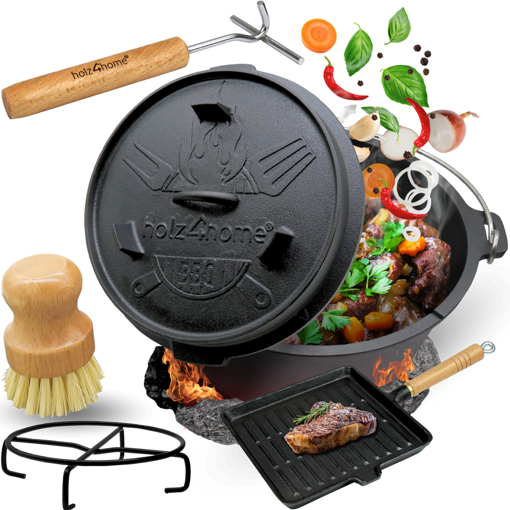 Dutch Oven-set 5-delig van gietijzer met vuurpot, grillpan, deksellichter en reinigingsborstel