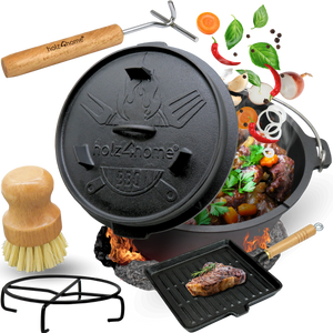 Dutch Oven-set 5-delig van gietijzer met vuurpot, grillpan, deksellichter en reinigingsborstel
