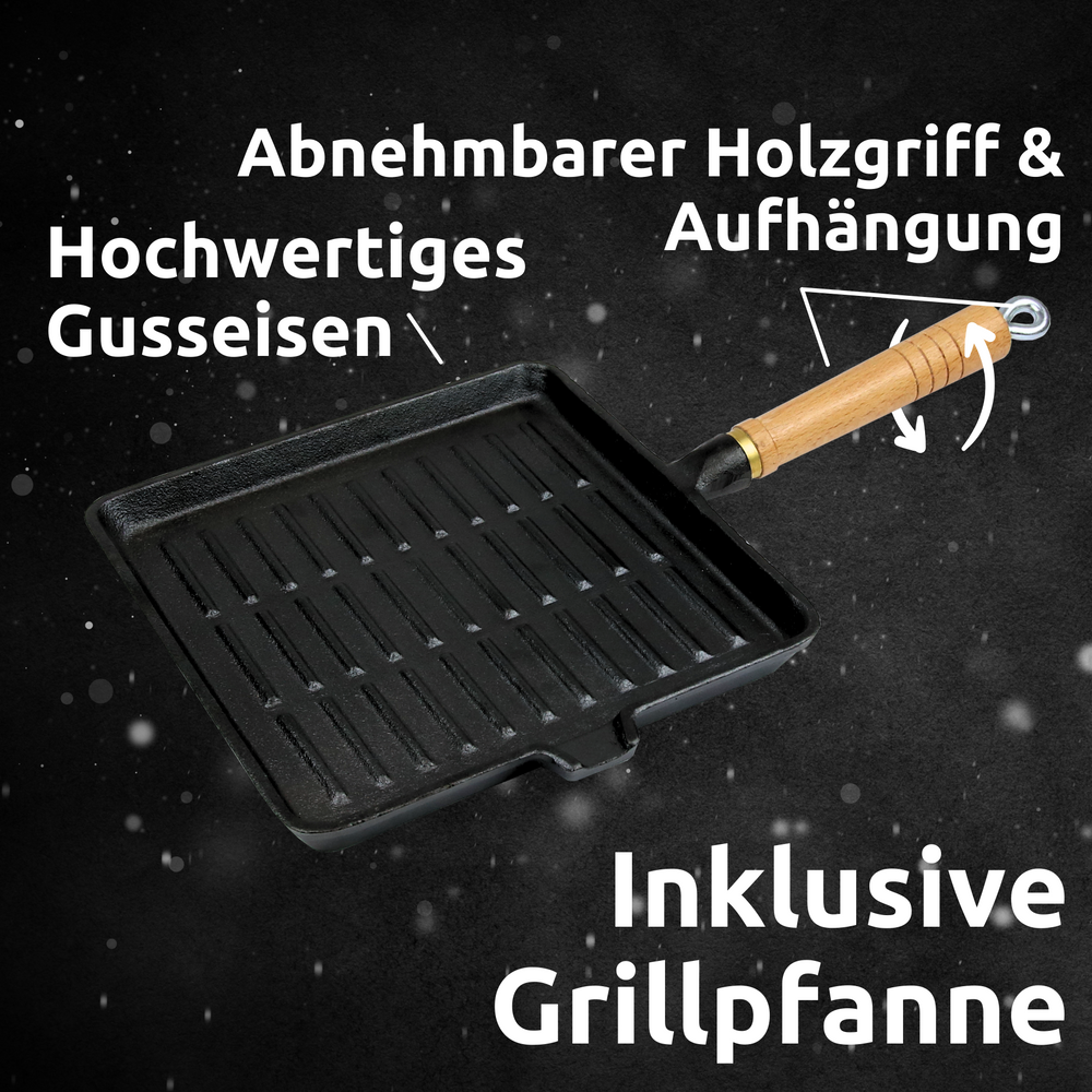 Gietijzeren grillpan met afneembaar houten handvat en ophanging, detailweergave van de geribbelde pannenbodem