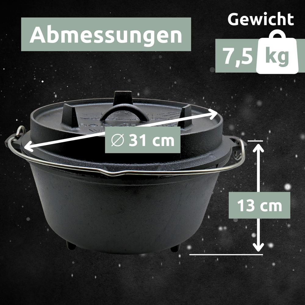 Maattekening vuurpot: 31 cm diameter, 13 cm hoogte, 7,5 kg gewicht, gietijzer met standvoeten