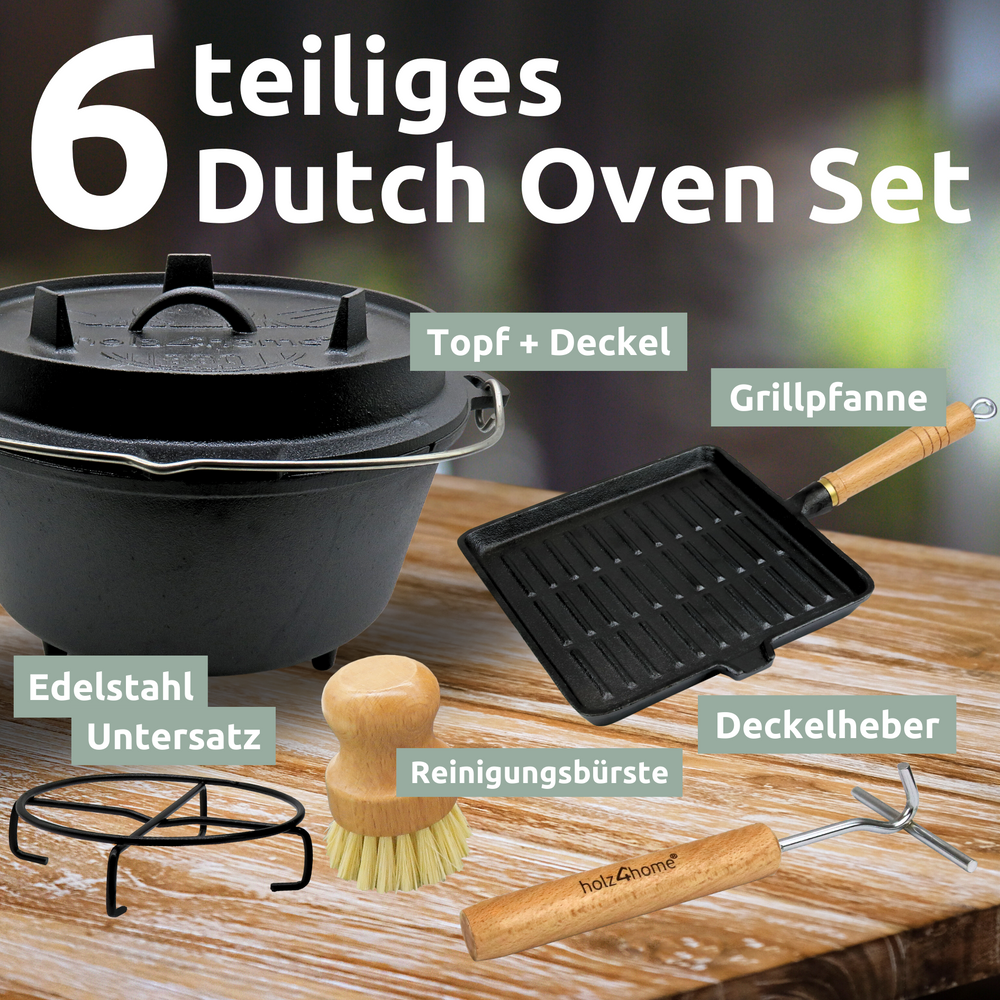 Overzicht Dutch Oven-set met vuurpot, deksel, grillpan, roestvrijstalen onderzetter, deksellichter en borstel