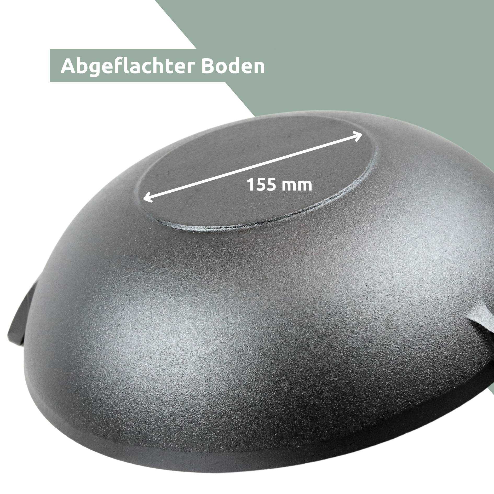 Afgeplatte bodem van de gietijzeren wok met 155 mm standvlak, van onderaf