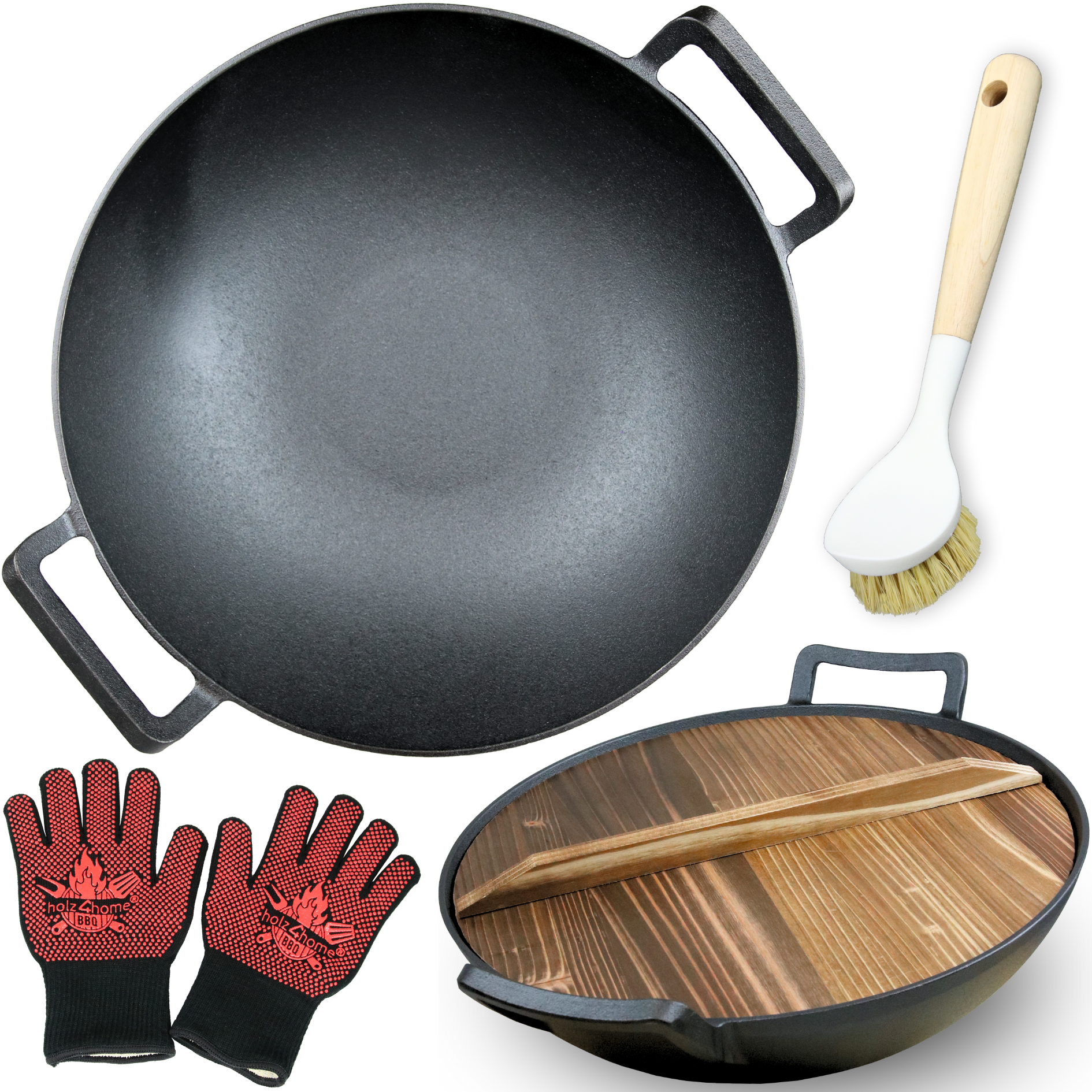 Gietijzeren wok Ø 36 cm met houten deksel, barbecuehandschoenen en reinigingsborstel in de 4-delige set