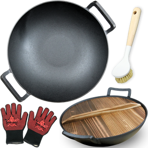 Gietijzeren wok Ø 36 cm met houten deksel, barbecuehandschoenen en reinigingsborstel in de 4-delige set
