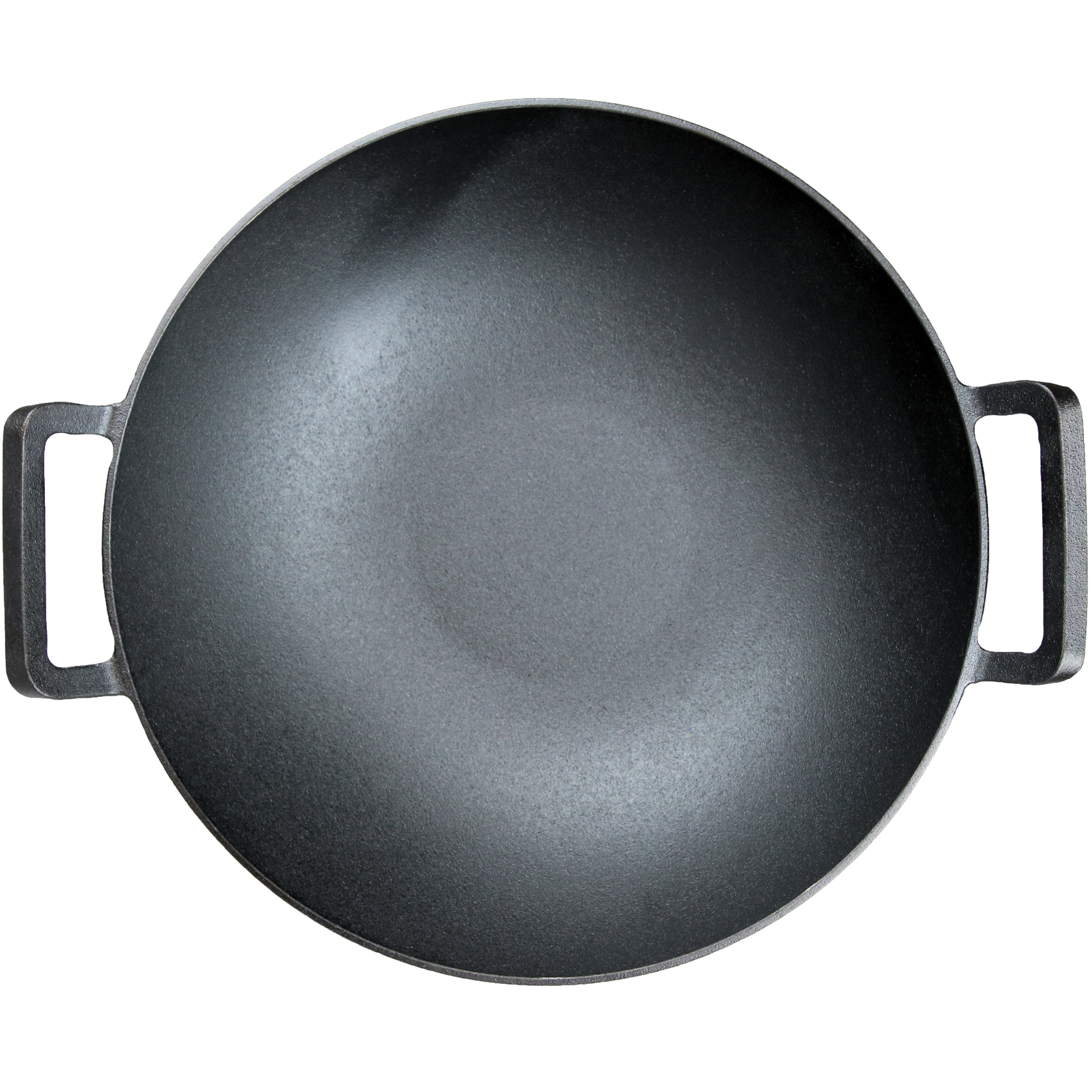 Gietijzeren wok met afgeplatte bodem van bovenaf, twee handvatten aan de zijkant, diepe kookkom