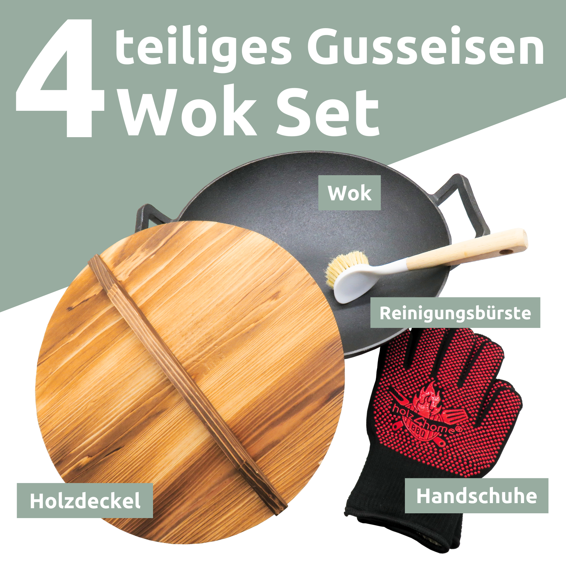 Overzicht 4-delige gietijzeren wokset: wok, houten deksel, reinigingsborstel en barbecuehandschoenen