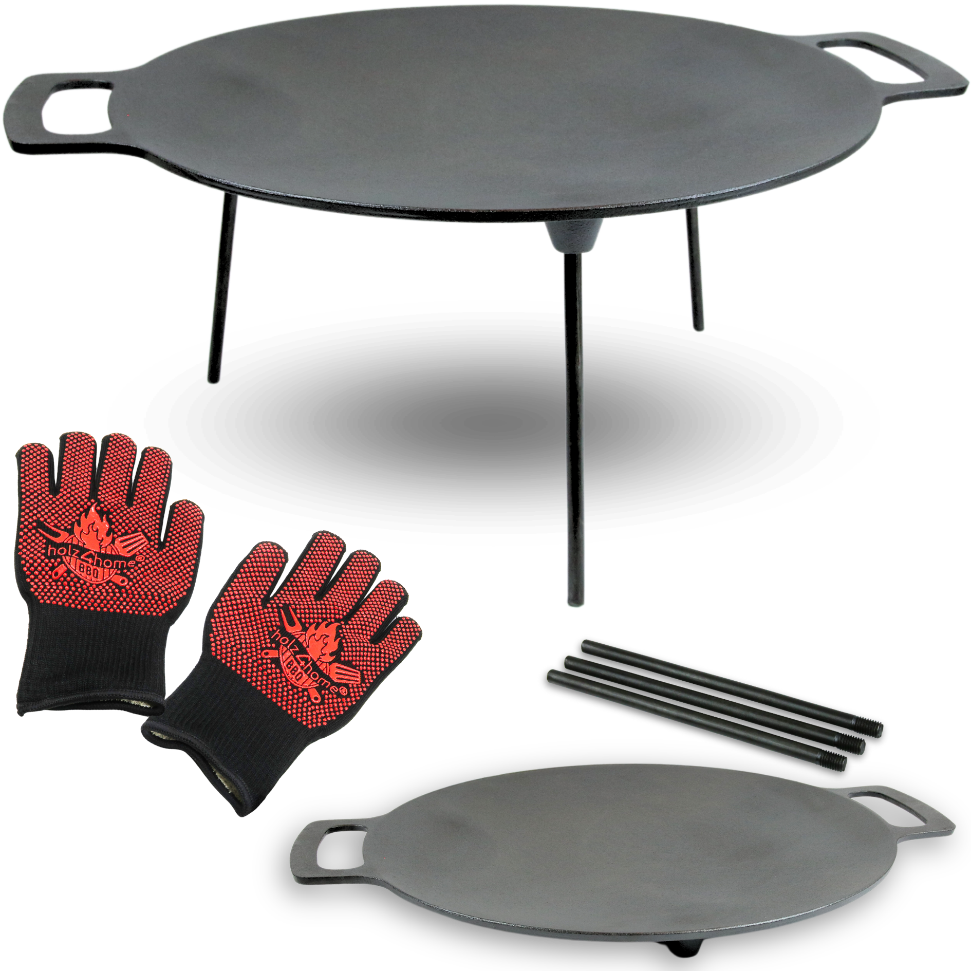Grillplaat van gietijzer Ø 44 cm op driepoot met vuurhandschoenen en standbenen