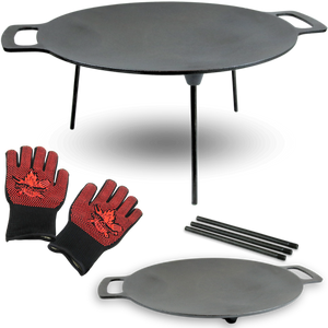 Grillplaat van gietijzer Ø 44 cm op driepoot met vuurhandschoenen en standbenen