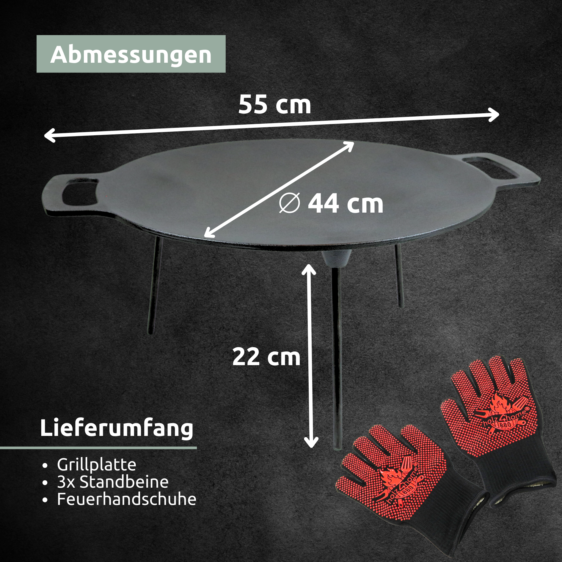 Maattekening grillplaat Ø 44 cm, 55 cm breed, 22 cm hoog, met leveringsomvang