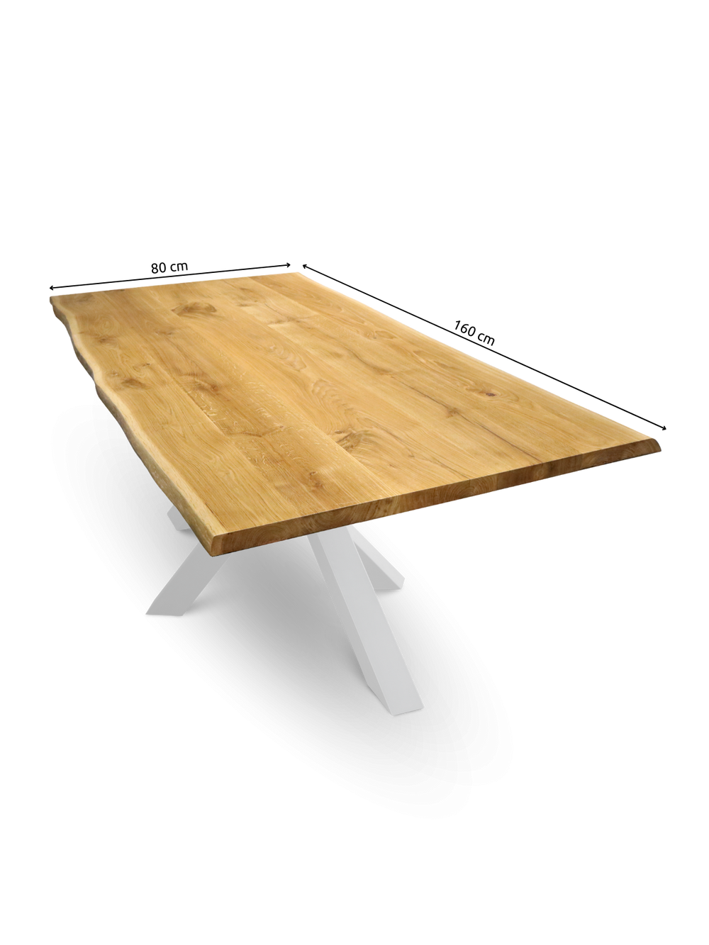 Eikenplaat met boomstamrand van massief eiken, maattekening 160 x 80 cm met geaccentueerde boomstamrand