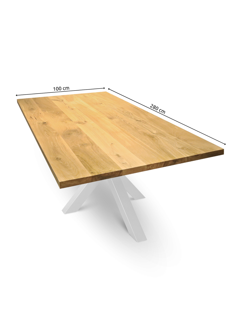 Eikenplaat zonder boomstamrand van massief eiken met rechte rand, maattekening 280 x 100 cm op wit onderstel