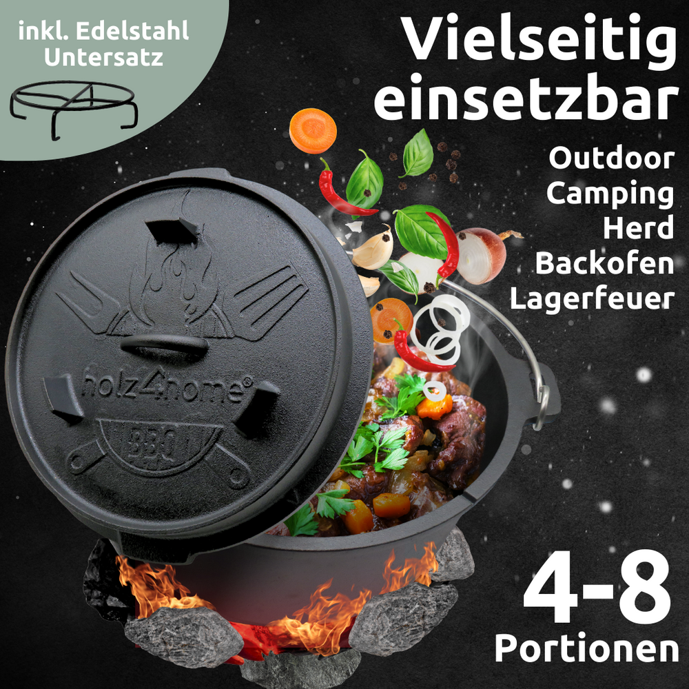 Gietijzeren vuurpot boven kampvuur, veelzijdig voor outdoor, kamperen, fornuis en oven, 4-8 porties