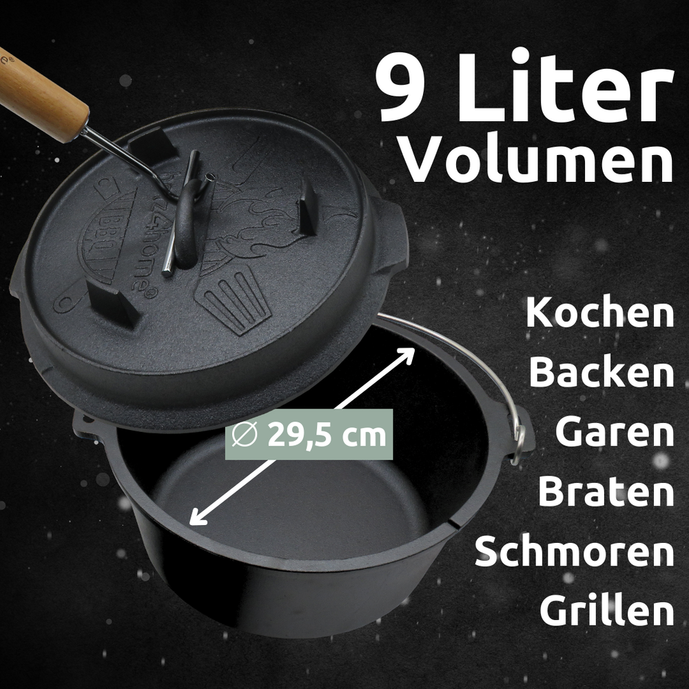 Maatopgave vuurpot: 9 liter inhoud, 29,5 cm binnendiameter, voor koken, bakken, braden en grillen