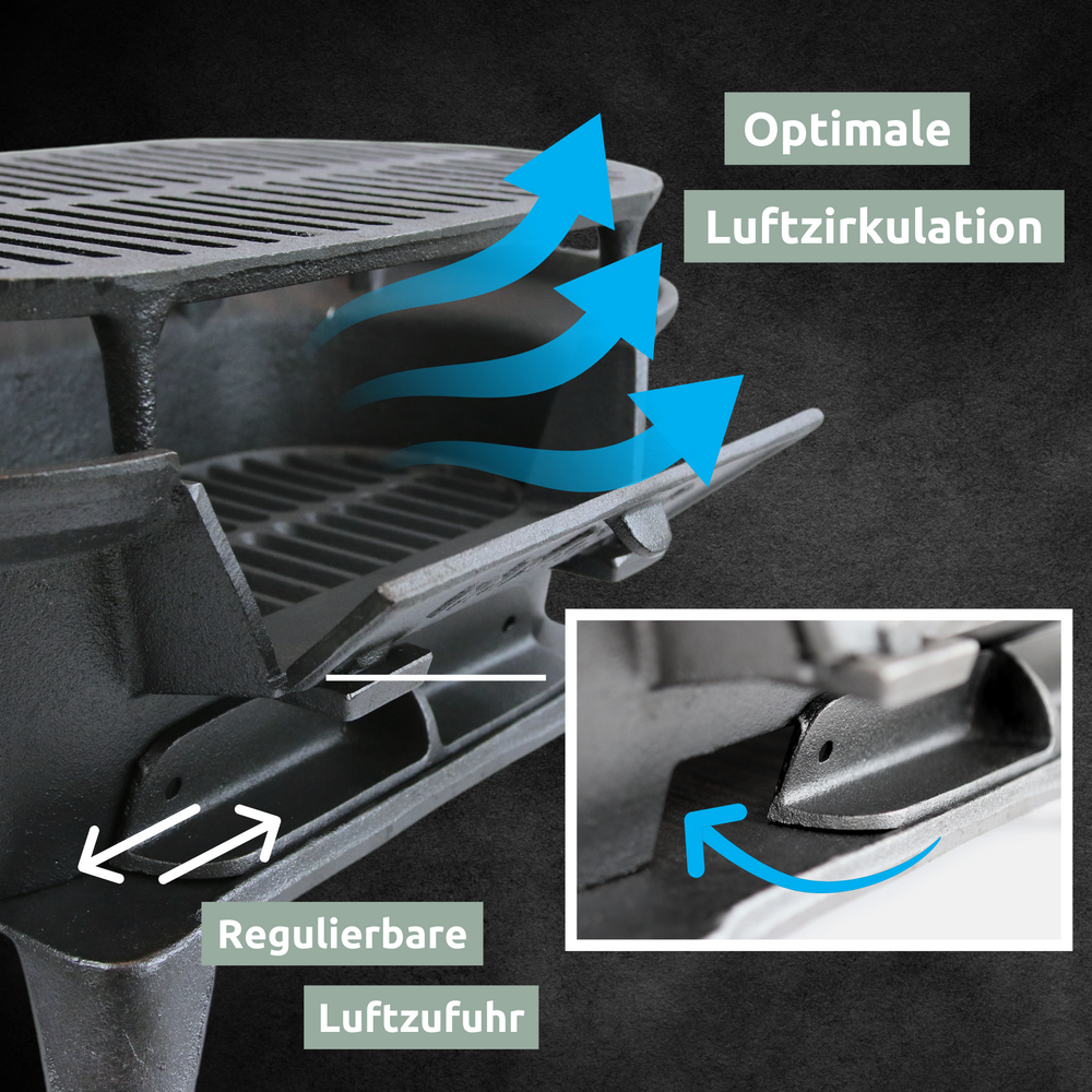 Regelbare luchttoevoer van de hibachi-grill zorgt voor optimale luchtcirculatie van de houtskool