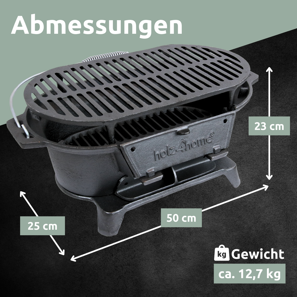 Maattekening XXL campinggrill: 50 cm breed, 25 cm diep, 23 cm hoog, ca. 12,7 kg
