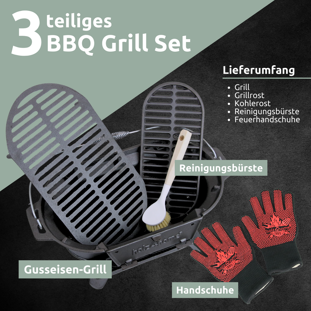 3-delige bbq-grillset: gietijzeren grill, omkeerbaar grillrooster, reinigingsborstel en vuurhandschoenen