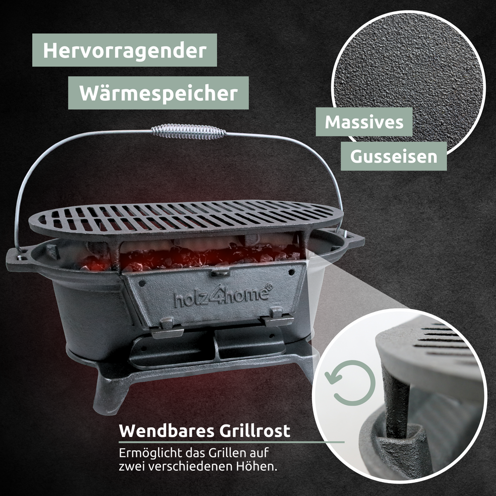 Massieve gietijzeren grill als warmtebuffer met omkeerbaar grillrooster voor twee grillhoogtes