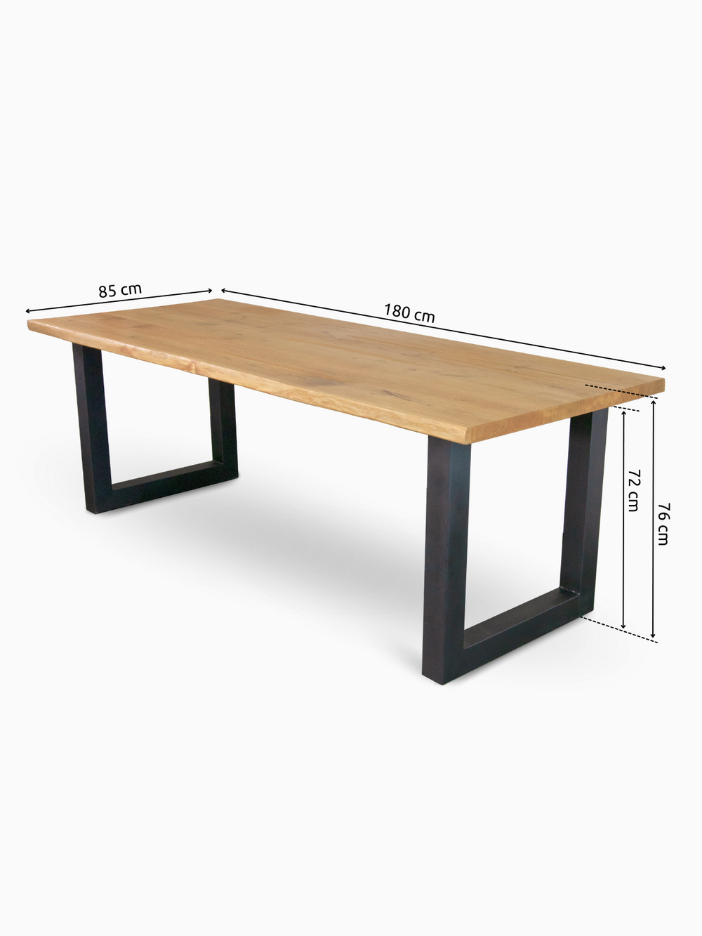 Maattekening eikentafel met boomstamrand 180 x 85 cm, onderstelhoogte 72 cm, twee zwarte U-onderstellen