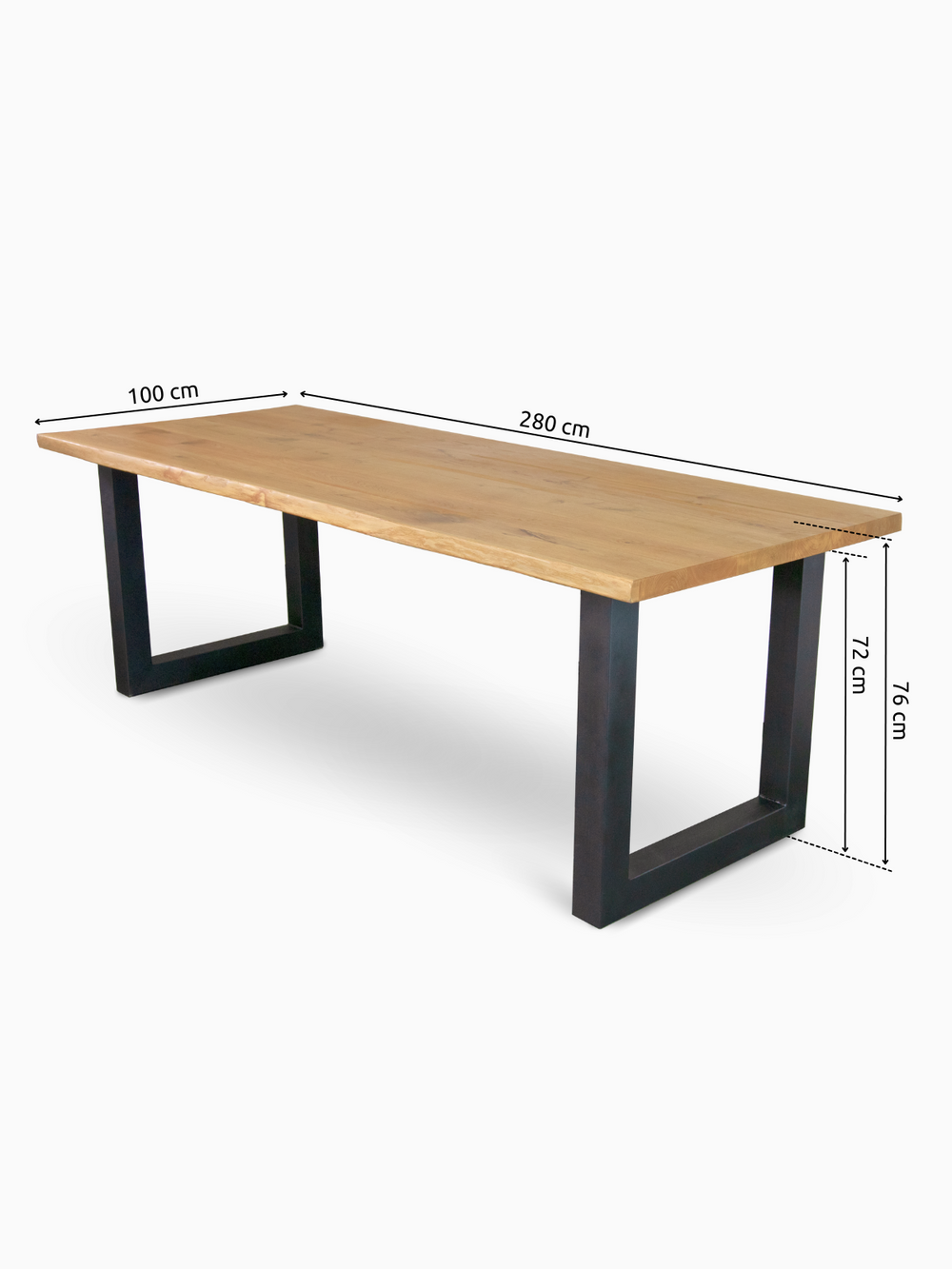 Massief houten tafel eiken met boomstamrand, Tiempo U-onderstel, afmeting 280 x 100 cm, onderstelhoogte 76 cm