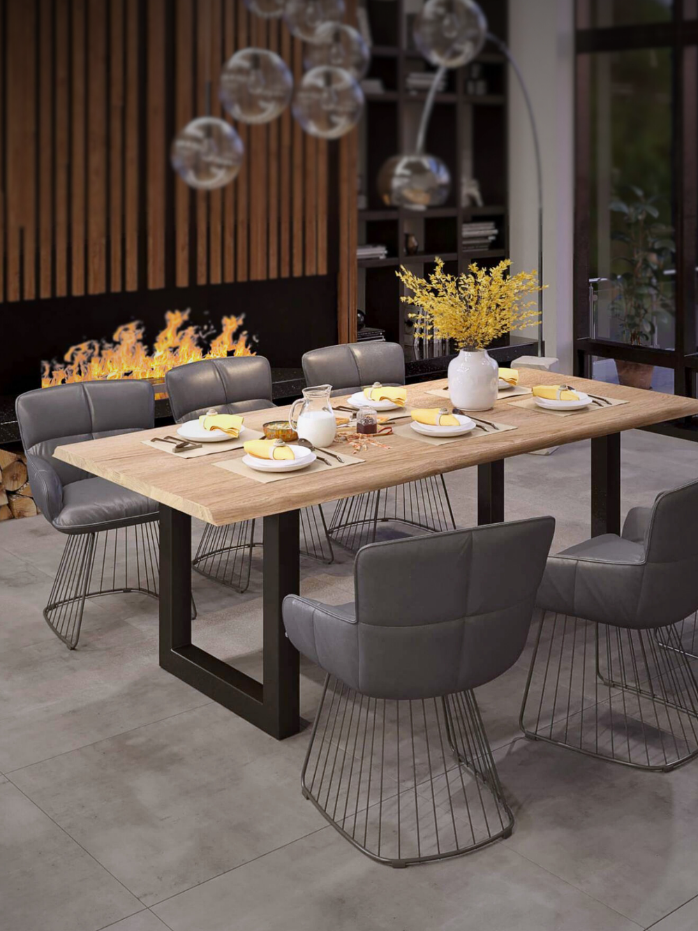 Eettafel met boomstamrandblad op zwarte Tiempo U-tafelpoten in de moderne eetkamer