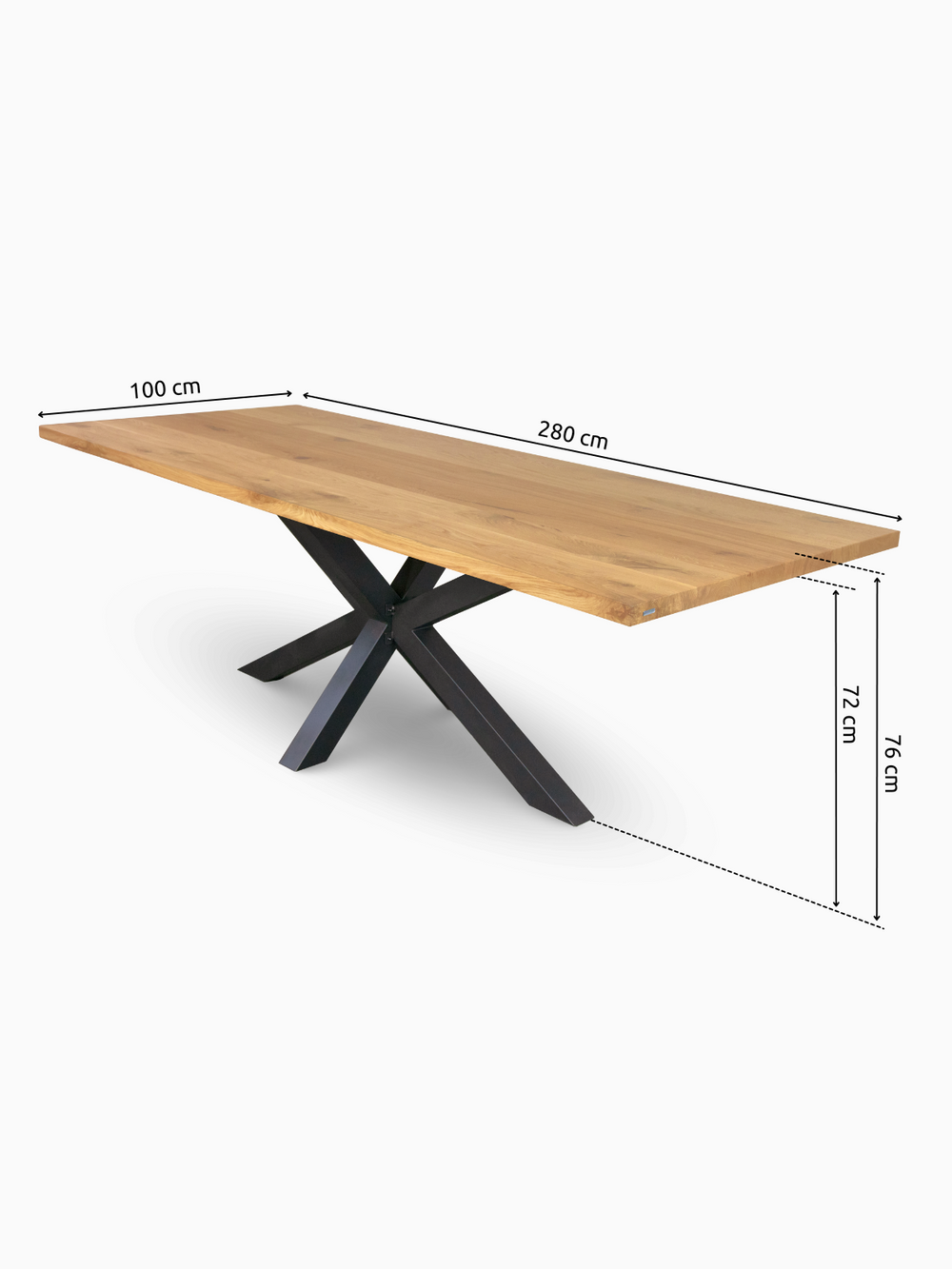 Maattekening eikentafel met boomstamrand 280 x 100 cm, onderstelhoogte 72 cm, zwart Hora Spider-onderstel