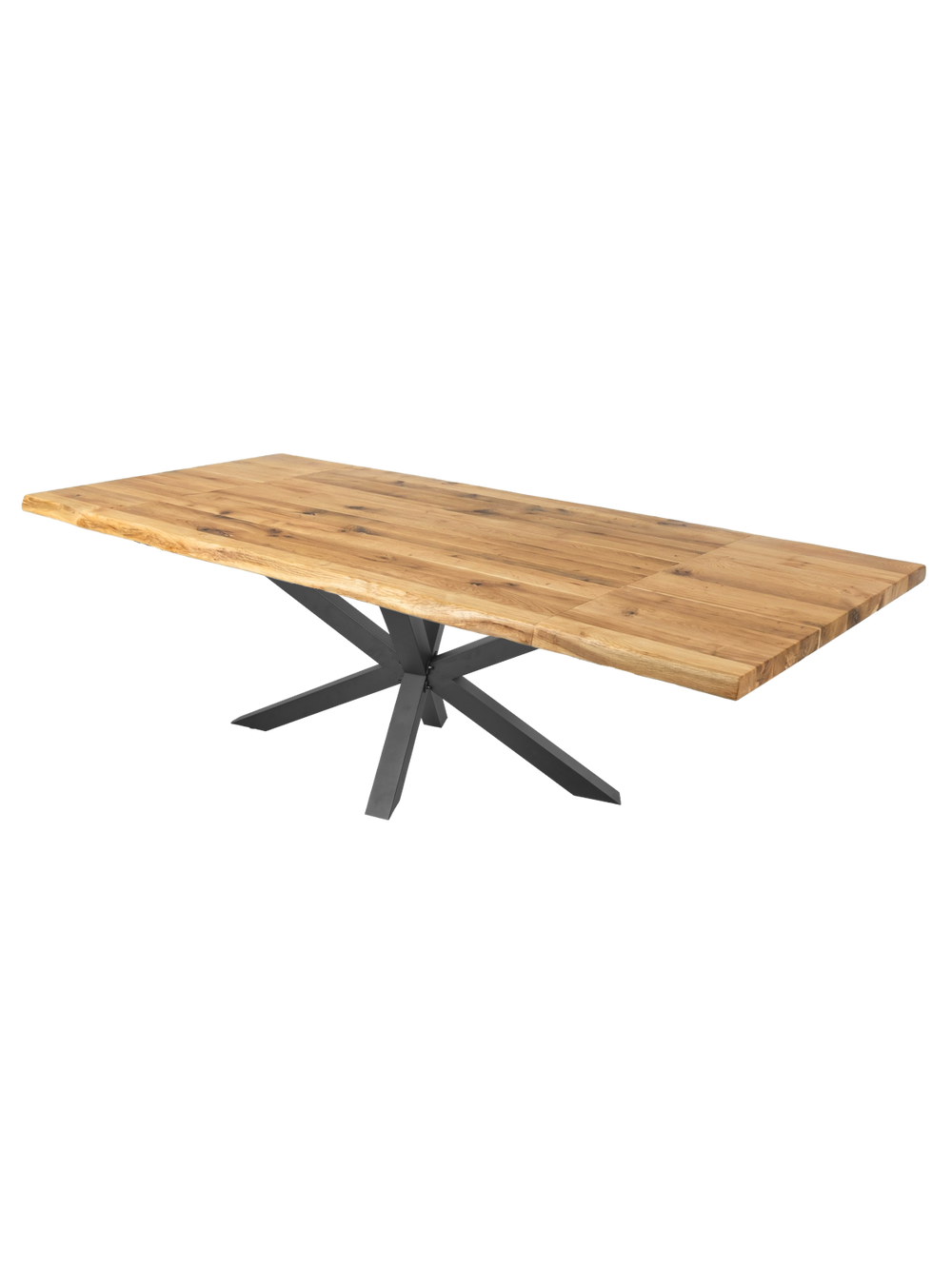 Rustieke massief houten tafel eiken met boomstamrand en knoestaandeel, schuin aanzicht op zwart Spider-onderstel