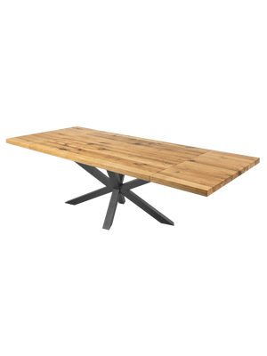Uittrekbare eikenhouten tafel, rechte rand, Hora Spider-onderstel, met verlengbladen verlengd massief houten blad