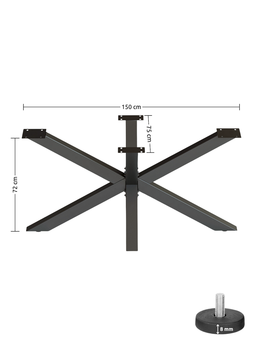 Zwart Spider-tafelonderstel van metaal, technische tekening met steunbreedte 150 cm en hoogte 72 cm