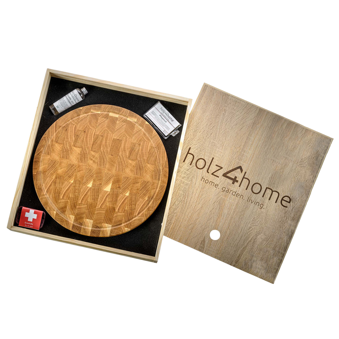 Premium snijplankenset rond van eikenhout in houten geschenkdoos met verzorgingsset