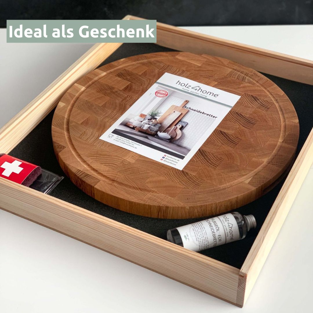 Snijplankenset eiken in houten doos met verzorgingsolie en infokaart, ideaal als cadeau