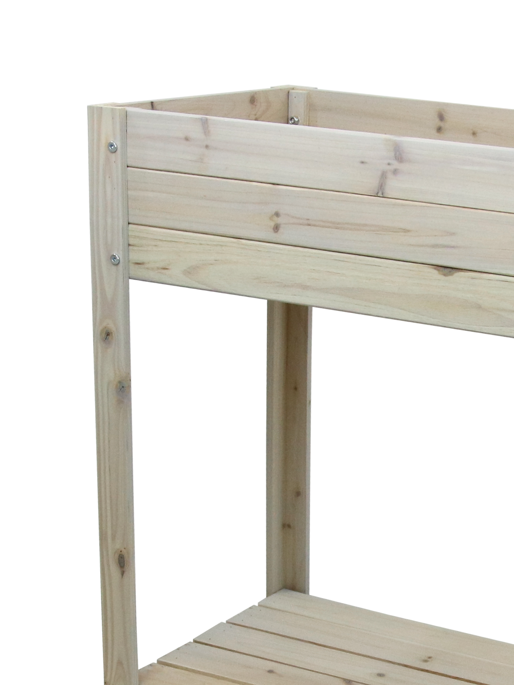 Detailweergave van de verschroefde grenenhouten planken aan de plantenbak van de moestuinbak