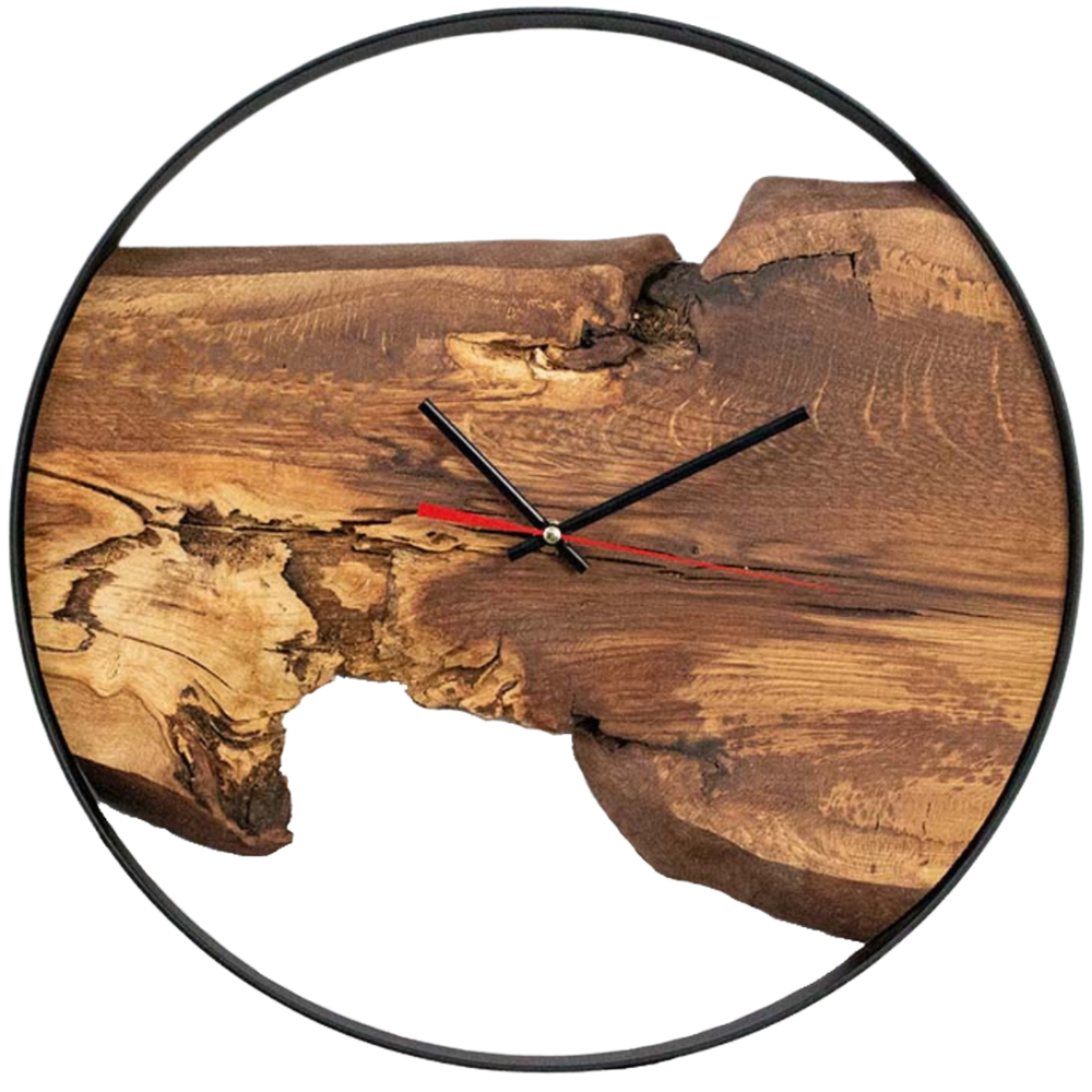 Ronde wandklok Artwork met zwarte metalen ring en een plank van eikenhout met boomstamrand, vrijstaand