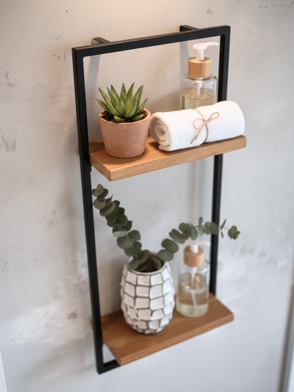 Wandrek High van eiken naturel met zwart frame en twee legplanken in vooraanzicht