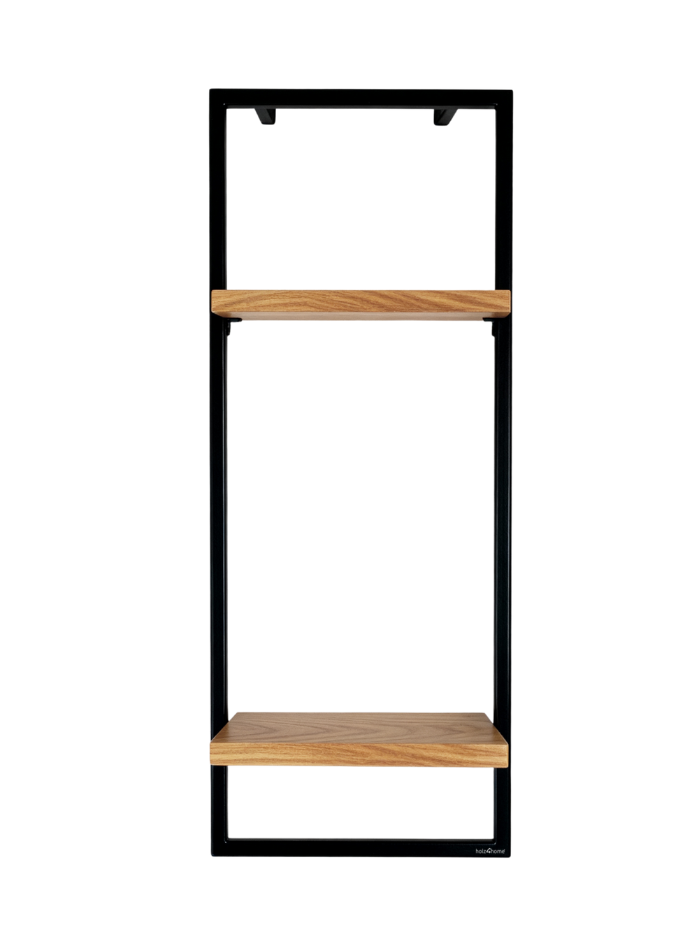 Close-up van de schroefverbinding tussen eikenhouten plank en zwart metalen frame bij wandrek High