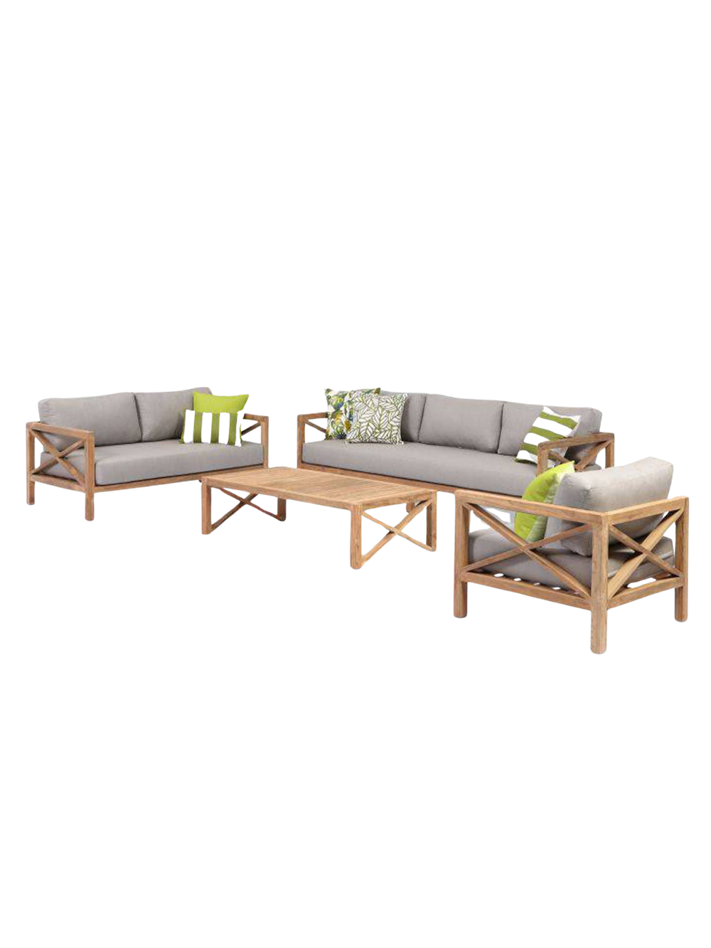 Outdoor loungeset Pollie van massief hout, 4-delig met bank, tuinbank, stoel en tafel in de tuin