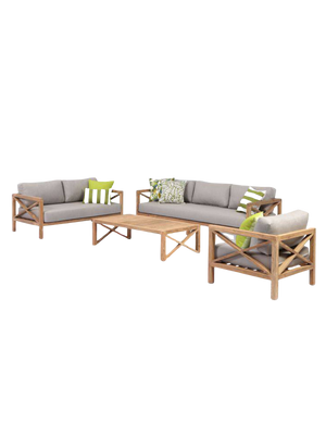 Outdoor loungeset Pollie van massief hout, 4-delig met bank, tuinbank, stoel en tafel in de tuin