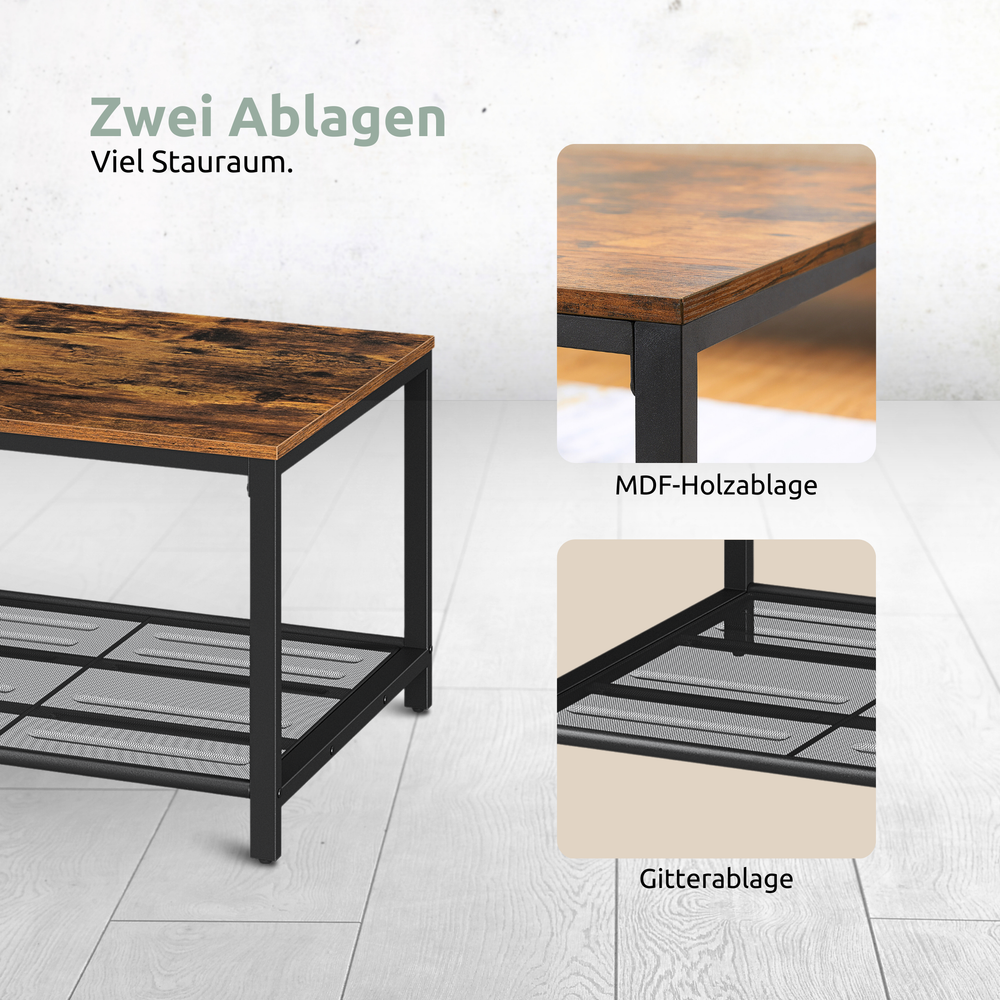 Detailweergave van de twee schappen van salontafel Connie: MDF-houten schap en zwart roosterschap