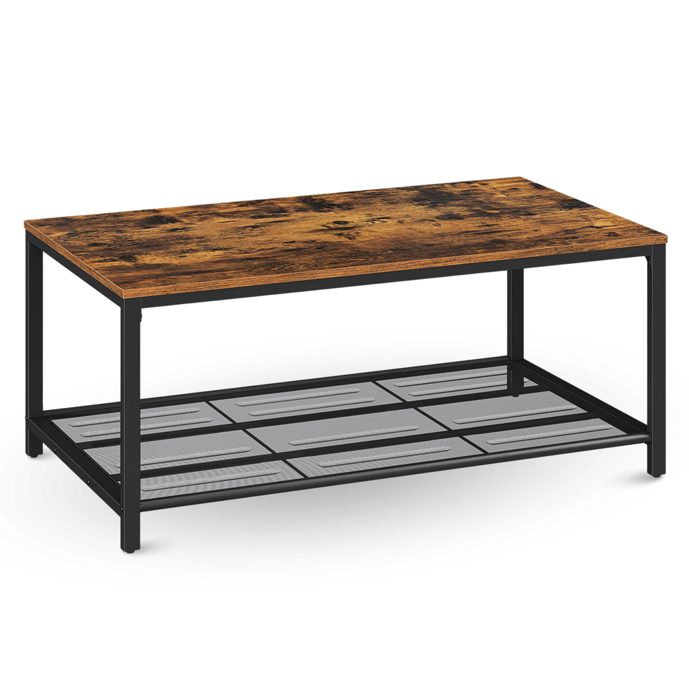 Salontafel Connie in rustieke houtlook met zwart metalen onderstel en roosterschap, vooraanzicht