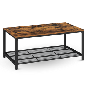 Salontafel Connie in rustieke houtlook met zwart metalen onderstel en roosterschap, vooraanzicht