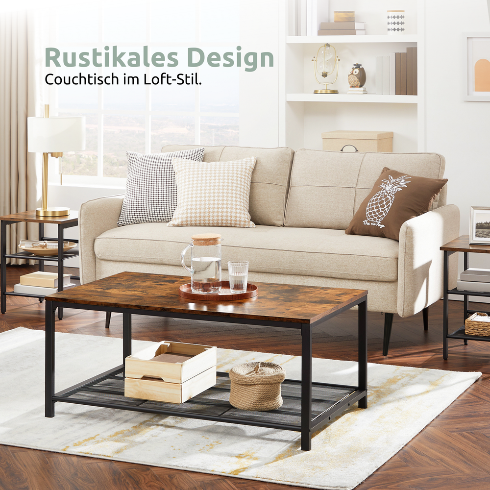 Salontafel Connie in de loft-woonkamer voor een beige bank, rustiek design met opbergvak